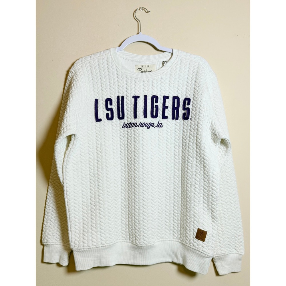 Pressbox LSU Tigers Sweatshirt Womens Medium White Quilted Cable Knit Pullover